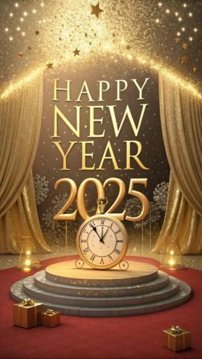 A glittering "happy new years eve 2025 image" with golden sparkles and bold "HAPPY NEW YEAR 2025" text in a luxurious style.