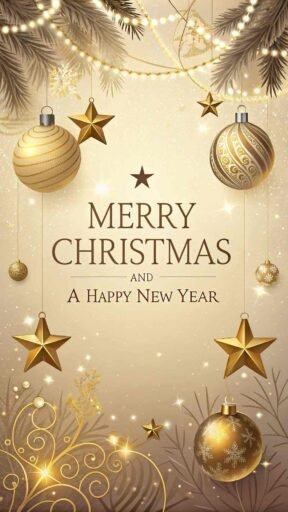 A picture of merry christmas and happy new year with golden ornaments. "Merry Christmas and A Happy New Year" is clearly written in large font.