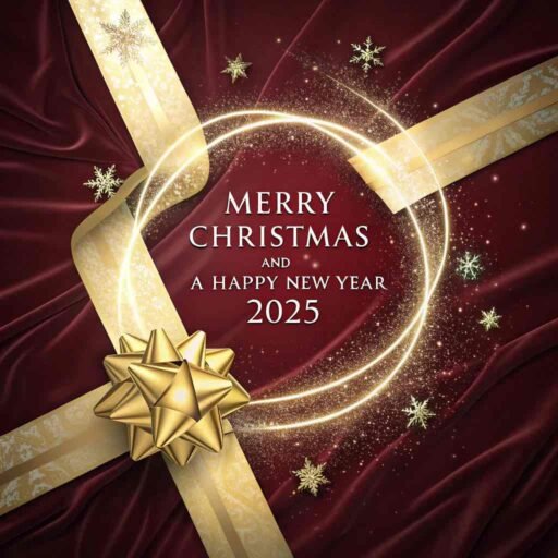 An elegant "merry christmas and happy new year 2025 image" with ribbons and sparkling text.