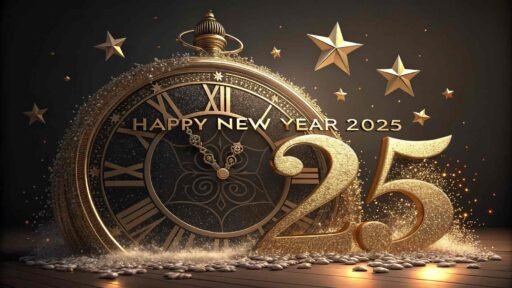 Picture of happy new year 2025 with a golden clock and bold text for an elegant New Year countdown.