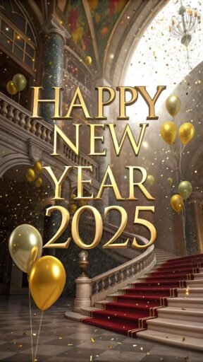 A "happy new year 2025 pic" with golden balloons and confetti, highlighting the new year's text in bold gold letters.