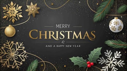 An elegant "merry christmas and a happy new year pic" with shiny golden text and luxury-themed decorations on a black background.