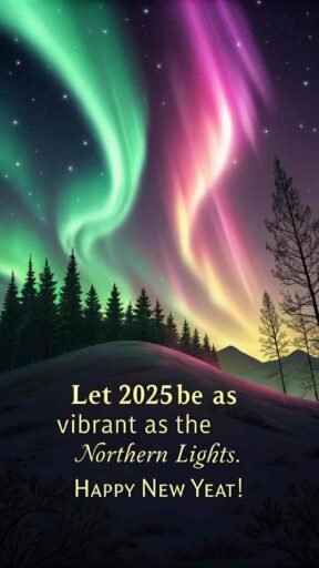 A happy new year 2025 wish image with quote featuring an aurora and an enchanting New Year message.