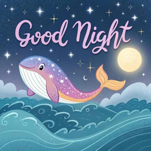 A good night cute image featuring a whale drifting through a dreamy night sky.