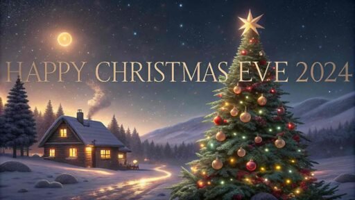 A festive Christmas tree and snowy cabin with glowing golden text "Happy Christmas Eve 2024" shining in the night sky.