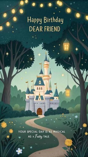 Add a touch of magic with images of happy birthday dear friend, set in a dreamy fairy tale world filled with wonder.