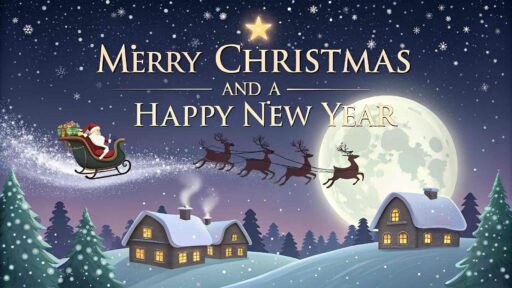A magical image of Merry Christmas and a Happy New Year showing Santa’s sleigh flying across a starry sky with reindeer and holiday cheer.