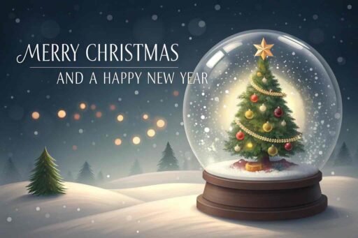 A picture of merry christmas and happy new year with a snow globe. "Merry Christmas and A Happy New Year" is prominently displayed.