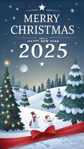 A snowy "merry christmas and happy new year 2025 image" with glowing text, pine trees, and festive elements.