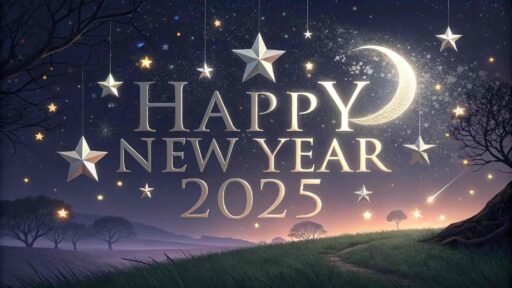 A "happy new year 2025 pic" showcasing a dreamy starry night with prominent silver text.