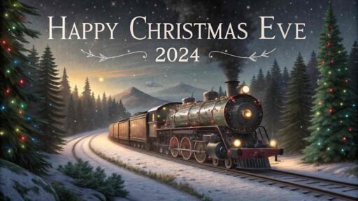 A glowing white "Happy Christmas Eve 2024" above a magical Christmas train.