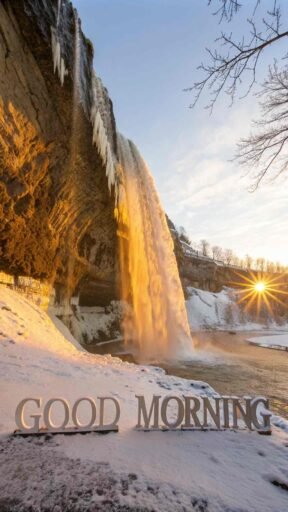 A dramatic good morning winter image of a frozen waterfall illuminated by the morning sun.