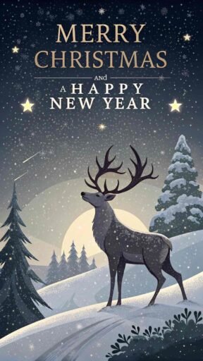 A beautiful merry christmas and a happy new year image of a reindeer in the snow, with the message "Merry Christmas and A Happy New Year" glowing above.