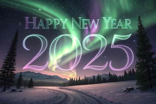 A magical "happy new years eve 2025 image" showcasing the northern lights and bold "HAPPY NEW YEAR 2025" text.