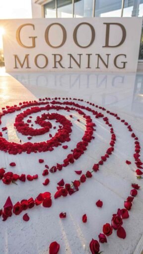 A captivating good morning image for love, featuring a spiral of red rose petals on a soft white surface illuminated by morning light.