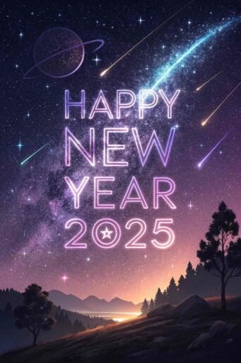 A celestial "happy new years eve 2025 image" with shooting stars and bold "HAPPY NEW YEAR 2025" text lighting the sky.
