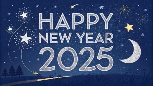 A magical "happy new year 2025 image for download," featuring bold text glowing under a starry night sky.