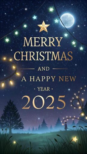 A sparkling "merry christmas and happy new year 2025 image" with a starry night theme and shining golden text.