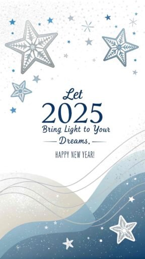 A happy new year 2025 wish image with quote in a modern silver and blue theme, with a sleek motivational message.