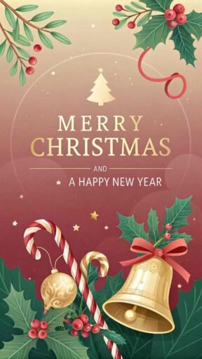 A stylish pic of merry christmas and a happy new year featuring elegant bold text surrounded by classic holiday elements.