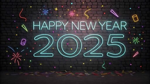 Download this trendy "happy new year 2025 image for download," with bold neon text glowing in a festive setting.