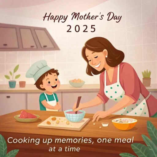 This kitchen moment reflects the warmth and love shared in everyday life. Ideal for Happy Mother’s Day 2025 images​.
