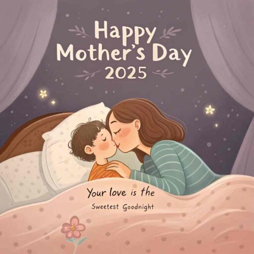 This cozy bedtime image highlights the warmth and care of a mother. Ideal for Happy Mother’s Day 2025 images​.