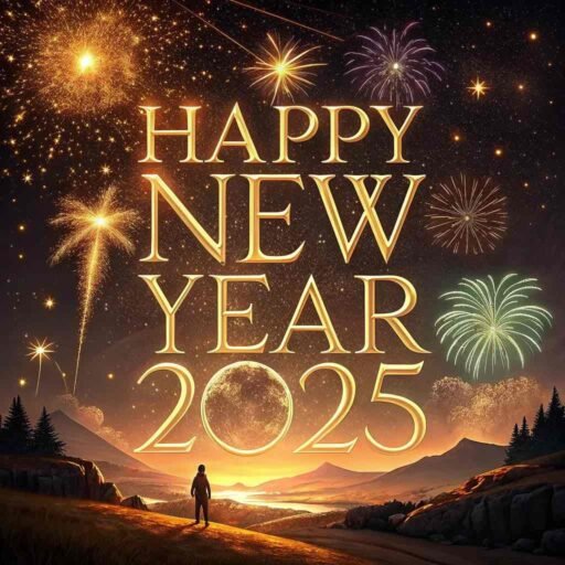 Picture of happy new year 2025 with golden fireworks and bold, elegant text.