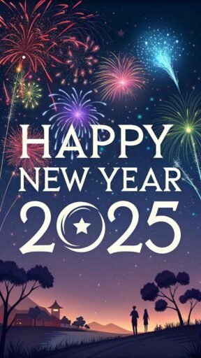 A stunning firework display-themed happy new year 2025 free image with big, bold text in white.