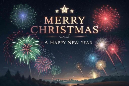 A picture of merry christmas and happy new year with fireworks. "Merry Christmas and A Happy New Year" is prominently displayed.