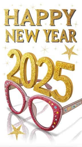 "happy new year 2025 pic" with festive glitter glasses and bold text celebrating the year.