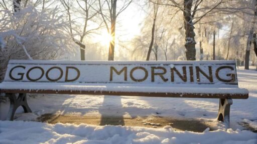 A peaceful good morning winter image highlighting a frosty park bench.