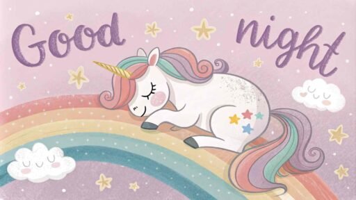A good night cute image with a magical unicorn in a serene setting, perfect for dreamy vibes.