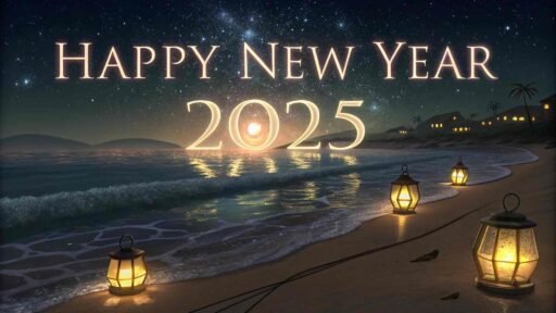 A tranquil "happy new years eve 2025 image" featuring glowing lanterns and bold "HAPPY NEW YEAR 2025" text reflecting on water.