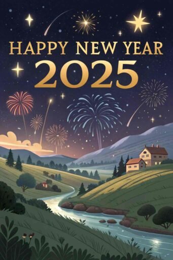 Picture of happy new year 2025 with a serene countryside celebration and radiant bold text.