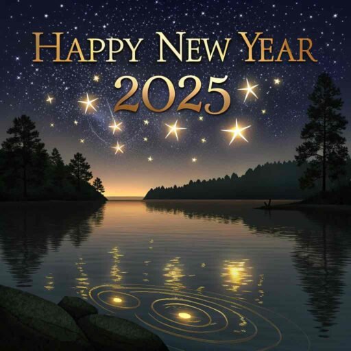 A "happy new year 2025 pic" showing a shimmering water reflection with glowing golden text.