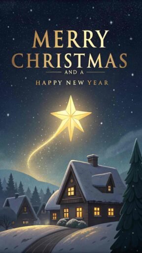 A star-filled image of Merry Christmas and a Happy New Year with a glowing Christmas star and peaceful night vibes.
