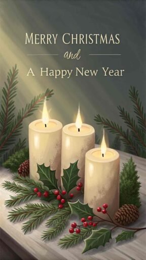 A serene merry christmas and a happy new year image with glowing candles and the heartfelt message "Merry Christmas and A Happy New Year."