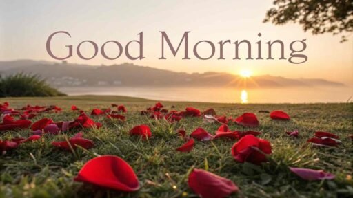 A serene good morning image for love, with red rose petals scattered on the ground and a glowing sunrise in the background.