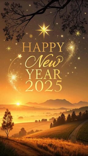 Picture of happy new year 2025 with a radiant sunset and elegant bold text.