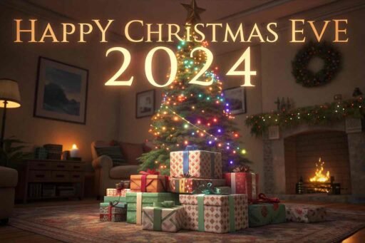 Colorful presents under a glowing "Happy Christmas Eve 2024" at the top of the tree.