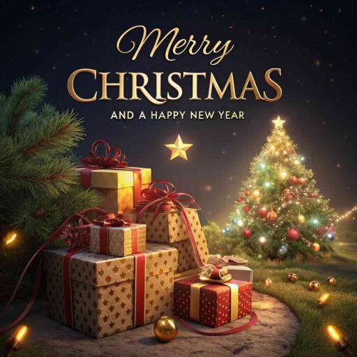 A festive image of Merry Christmas and a Happy New Year with glowing, beautifully wrapped gifts under a sparkling Christmas tree.