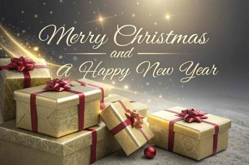 A picture of merry christmas and happy new year with golden gift boxes. The text "Merry Christmas and A Happy New Year" is large and clear.