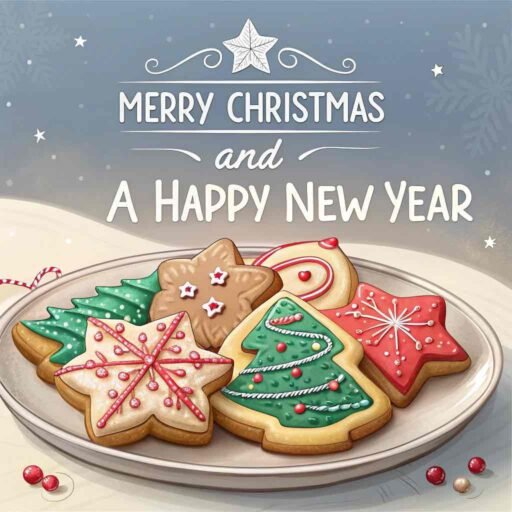 A sweet "merry christmas and a happy new year pic" with white text and a festive cookie arrangement.