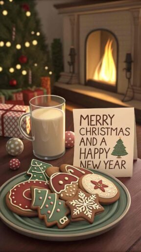 A sweet merry christmas and a happy new year image of Christmas cookies with a message that reads "Merry Christmas and A Happy New Year."