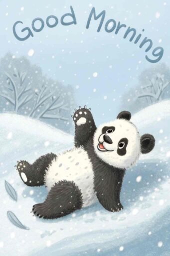 A delightful good morning winter image of a panda having winter fun.