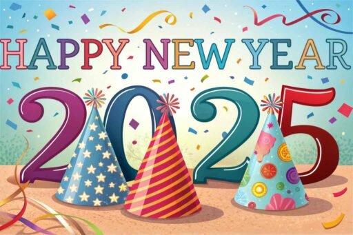 Enjoy the fun with this "happy new year 2025 image for download," featuring bold text and cheerful party hats.