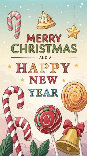 A picture of merry christmas and happy new year surrounded by candy canes. The phrase "Merry Christmas and A Happy New Year" is written in large text.