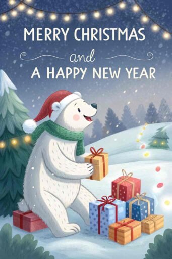 A cheerful "merry christmas and a happy new year pic" featuring a polar bear and glowing blue text.