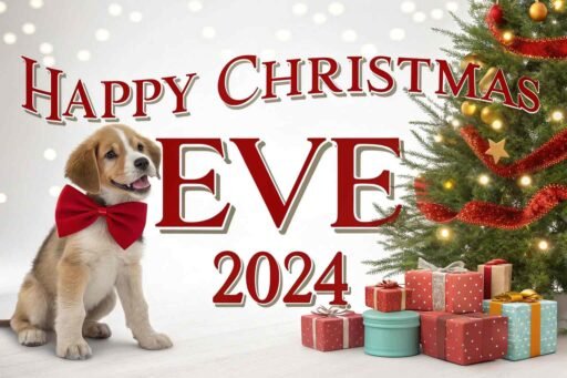 A puppy with glowing red "Happy Christmas Eve 2024" text by a Christmas tree.